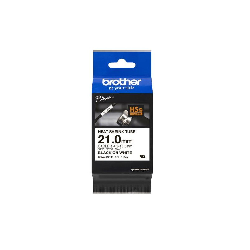 (HSE251E) BROTHER CINTA TUBO TERMORETRÁCTIL TEXTO NEGRO SOBRE BLANCO 21MMX1