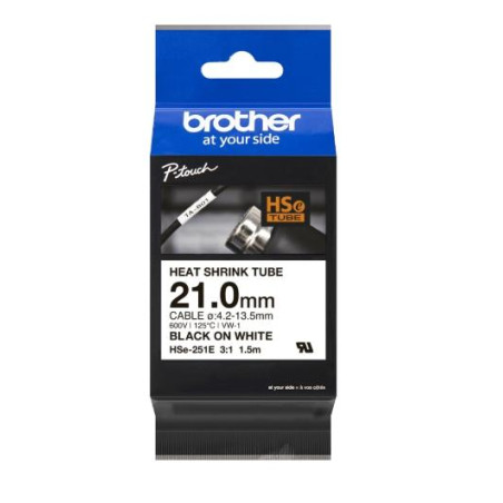 (HSE251E) BROTHER CINTA TUBO TERMORETRÁCTIL TEXTO NEGRO SOBRE BLANCO 21MMX1