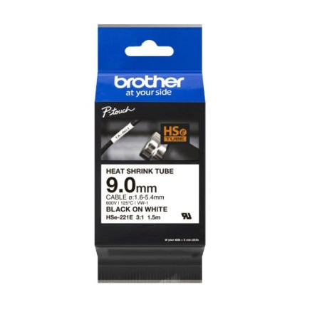 (HSE221E) BROTHER CINTA TUBO TERMORRETRACTIL TEXTO NEGRO SOBRE BLANCO DE 9MMX1