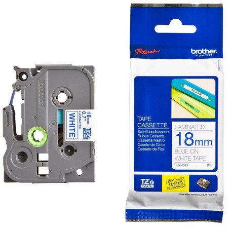 (TZE243) BROTHER CINTA ROTULADORA LAMINADA TEXTO AZUL SOBRE BLANCO - 18MMX8M