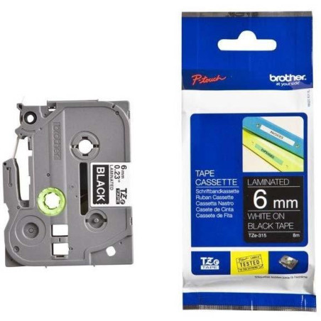 (TZE315) BROTHER CINTA ROTULADORA LAMINADA TEXTO BLANCO SOBRE NEGRO - 6MMX8M