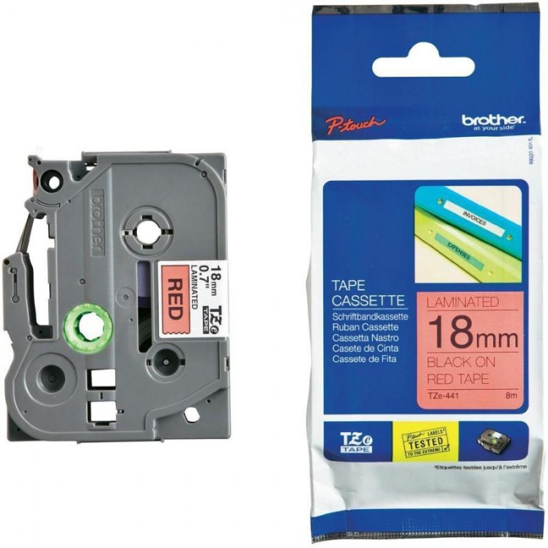 (TZE441) BROTHER CINTA ROTULADORA LAMINADA TEXTO NEGRO SOBRE ROJO - 18MMX8M