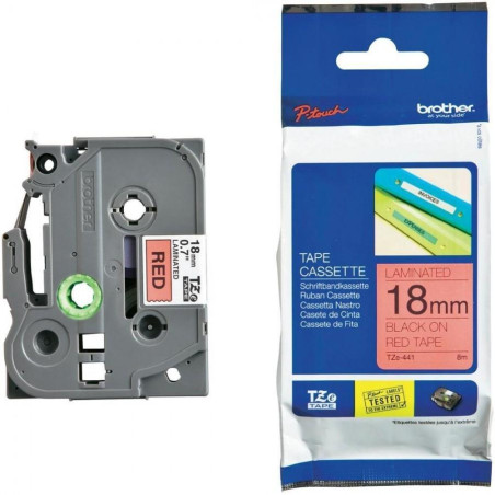 (TZE441) BROTHER CINTA ROTULADORA LAMINADA TEXTO NEGRO SOBRE ROJO - 18MMX8M
