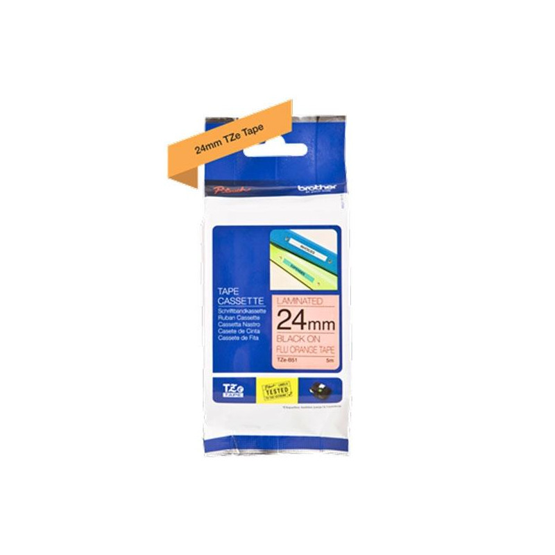 (TZEB51) BROTHER CINTA ROTULADORA LAMINADA TEXTO NEGRO SOBRE NARANJA FLUOR - 24MMX5M