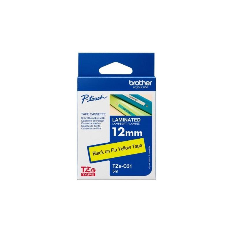 (TZEC31) BROTHER CINTA ROTULADORA LAMINADA NEGRO SOBRE AMARILLO FLUOR - 12MMX5M