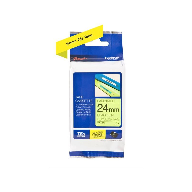 (TZEC51) BROTHER CINTA ROTULADORA LAMINADA NEGRO SOBRE FONDO AMARILLO FLUOR - 24MMX5M