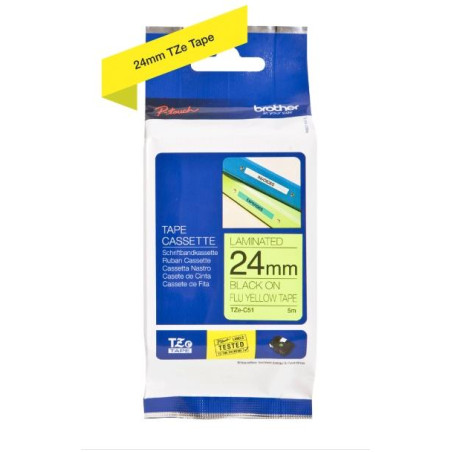 (TZEC51) BROTHER CINTA ROTULADORA LAMINADA NEGRO SOBRE FONDO AMARILLO FLUOR - 24MMX5M