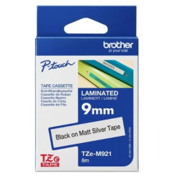 (TZEM921) BROTHER CINTA ROTULADORA LAMINADA METALICA TEXTO NEGRO SOBRE PLATA MATE - 9MMX8M