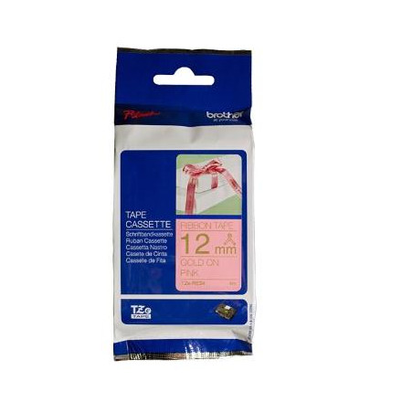 (TZERE34) BROTHER CINTA ROTULADORA TELA SATINADA NO ADHESIVO TEXTO DORADO SOBRE TEJIDO ROSA - 12MMX4M