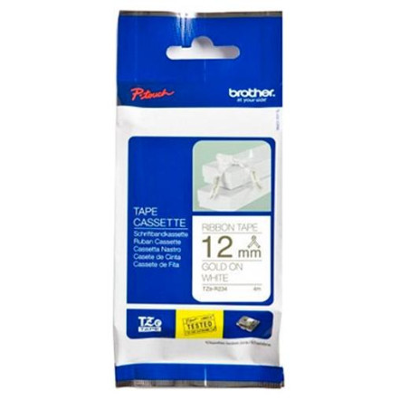 (TZER234) BROTHER CINTA ROTULADORA TELA SATINADA NO ADHESIVO TEXTO DORADO SOBRE TEJIDO BLANCO - 12MMX4M