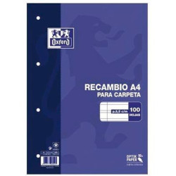 (400173744) OXFORD RECAMBIO CLASSIC 100H A4 SUELTAS PAUTA 3,5MM C/MARGEN 4 TALADROS