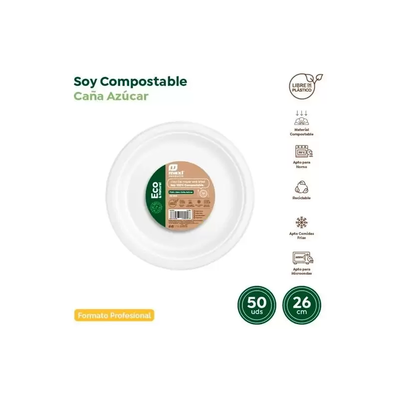 (30502) MAXI PRODUCTS PLATO LLANO COMPOSTABLE Ø26CM CAÑA DE AZÚCAR BLANCO PACK 50 UD