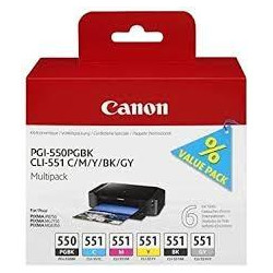 (6496B005) CANON TINTA MULTIPACKPACK PGBK+C/M/Y/BK/GY PIXMA IP 7240/7250 - PGI 550 + CLI 551 (PACK 6 COLORES)