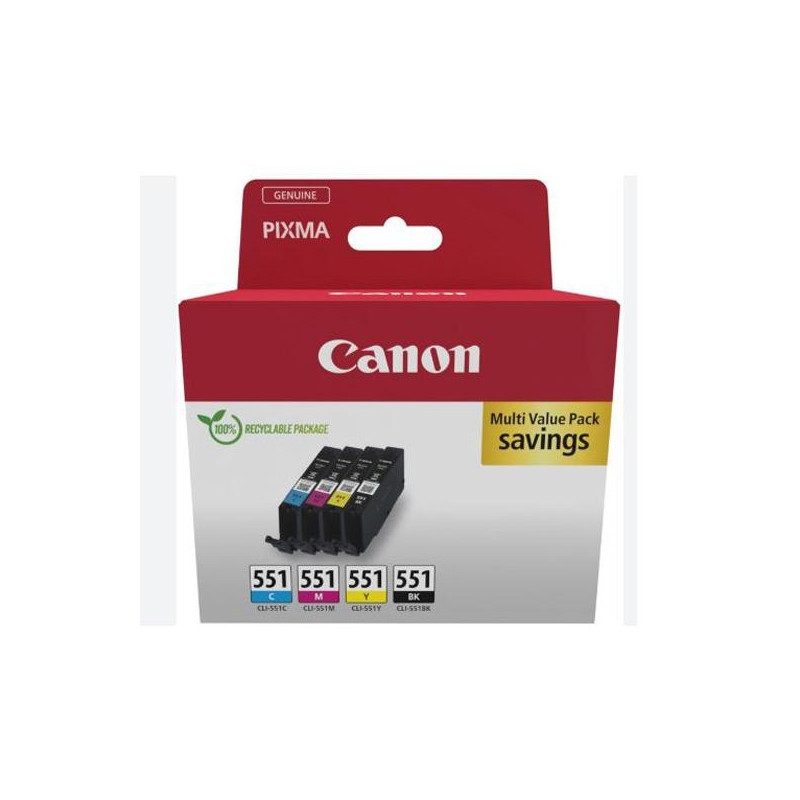 (6509B015) CANON TINTA ECOPACK BK+C/M/Y MAXIFY MG 5550/5650/6650/7550 - IP 8750 - IX 6850 - MX 725 - PIXUS MG 7550 - CLI 551