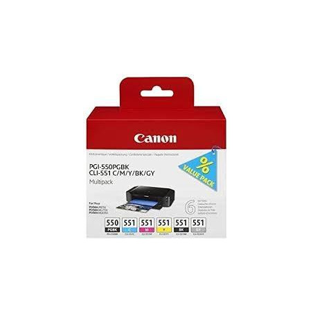 (6496B005) CANON TINTA MULTIPACKPACK PGBK+C/M/Y/BK/GY PIXMA IP 7240/7250 - PGI 550 + CLI 551 (PACK 6 COLORES)