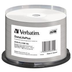 (43744) VERBATIM DVD-R, 4,7GB, 16X, 50 PACK SPINDLE, DATALIFE PLUS WIDE INKJET PRINTABLE PROFESSIONAL