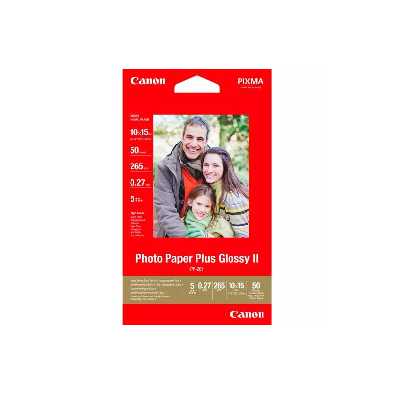 (2311B003) CANON PAPEL FOTOGRÁFICO PLUS GLOSSY II 10X15CM 265GR INKJET PP-201 DE 4X6" PAQUETE 50H BLANCO BRILLO