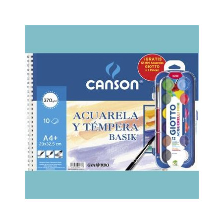 (C32500K012) CANSON BLOC ACUARELA Y TÉMPERA BASIK ESPIRAL 10 HOJAS + 12 ACUERLAS MINI + PINCEL GRATIS 370GR 23X32