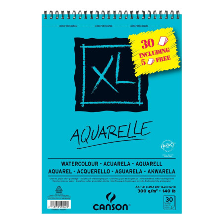 (C400110016) CANSON BLOC ACUARELA AQUARELLE FINO XL ESPIRAL 25 + 5(GRATIS) HOJAS 300GR 21X29