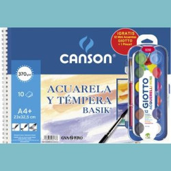 (C32500K012) CANSON BLOC ACUARELA Y TÉMPERA BASIK ESPIRAL 10 HOJAS + 12 ACUERLAS MINI + PINCEL GRATIS 370GR 23X32