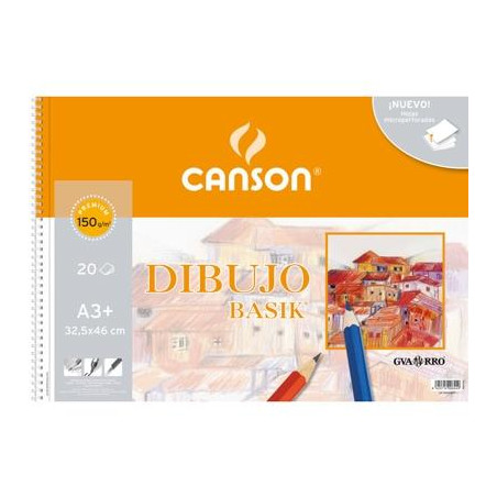 (C400078215) CANSON BLOC DIBUJO BASIK ESPIRAL 20H A3+ 150GR MICROPERFORADO C/RECUADRO BLANCO NATURAL