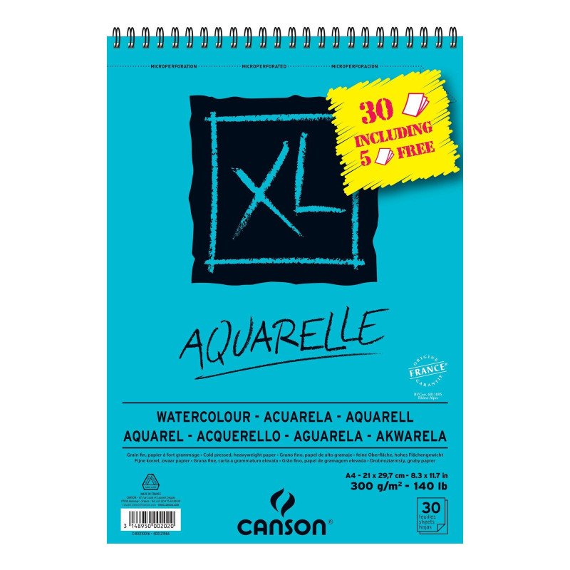 (C400110016) CANSON BLOC ACUARELA AQUARELLE FINO XL ESPIRAL 25 + 5(GRATIS) HOJAS 300GR 21X29