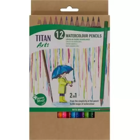 (130120012) TITAN ARTS LÁPICES DE COLORES ACUARELABLES SURTIDOS ESTUCHE 12 UD + PINCEL