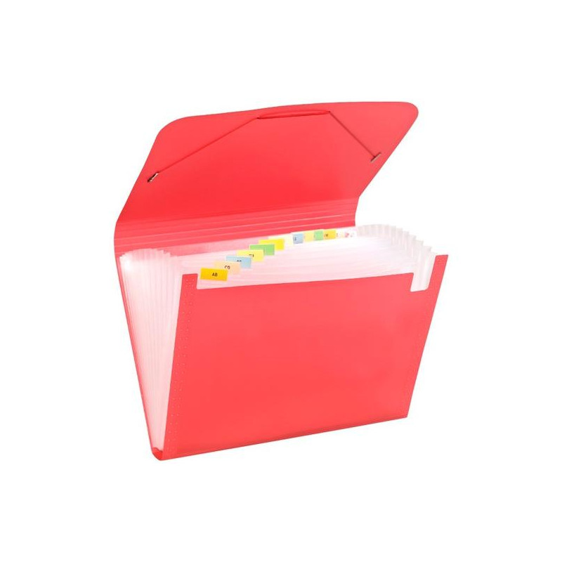 (1913KF53) CARCHIVO CLASIFICADOR ACORDEÓN FOLIO 13 DPTOS C/GOMA PP TRANSLÚCIDO ROJO
