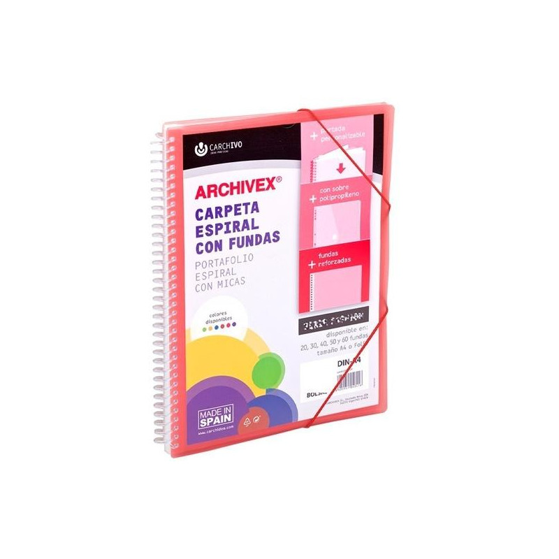 (53034053) CARCHIVO CARPETA CON FUNDAS 40 ARCHIVEX STAR ESPIRAL A4 C/GOMAS SOBRE C/SOLAPA PERSONALIZABLE ROJO