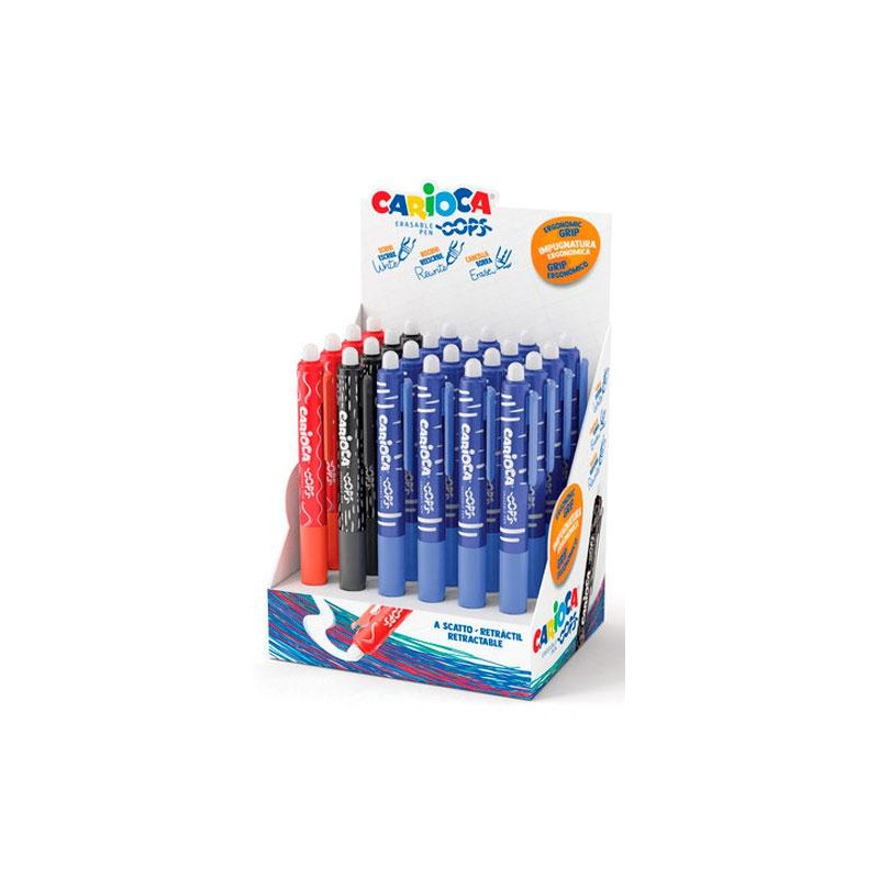 (43044) CARIOCA BOLÍGRAFO TINTA BORRABLE OPPS RETRÁCTIL 0.7MM COLORES SURTIDOS EXPOSITOR 24 UD