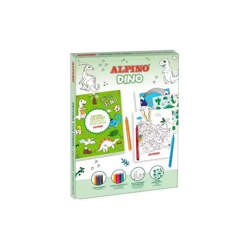 (AD000001) ALPINO SET CREATIVO DECOR DINO 14 ROTULADORES + 18 ILUSTRACIONES + PEGATINAS