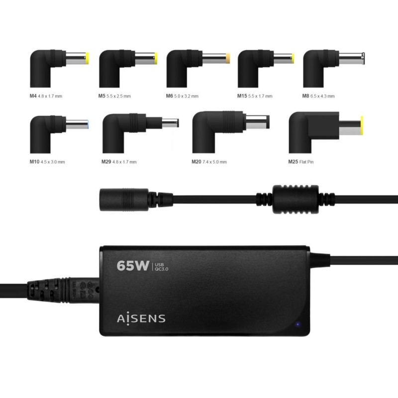 (ASLC-65WAUTO-BK) AISENS CARGADOR UNIVERSAL MULTITENSION PARA PORTATIL 65W AUTOMATICO CON 9 CONECTORES + USB-A QC.3.0