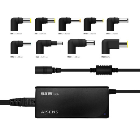 (ASLC-65WAUTO-BK) AISENS CARGADOR UNIVERSAL MULTITENSION PARA PORTATIL 65W AUTOMATICO CON 9 CONECTORES + USB-A QC.3.0