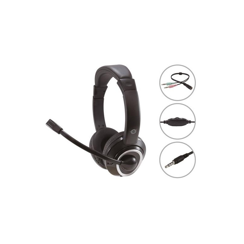 (POLONA02BA) CONCEPTRONIC AURICULARES JACK 3.5 MM MICROFONO FLEXIBLE CONTROL VOLUMEN INCLUYE ADAPTADOR 1 A 2 JACKS 3.5 MM NEGRO