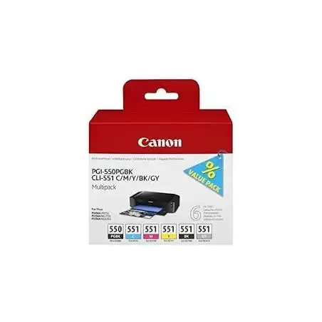 (6496B005) CANON TINTA MULTIPACKPACK PGBK+C/M/Y/BK/GY PIXMA IP 7240/7250 - PGI 550 + CLI 551 (PACK 6 COLORES)