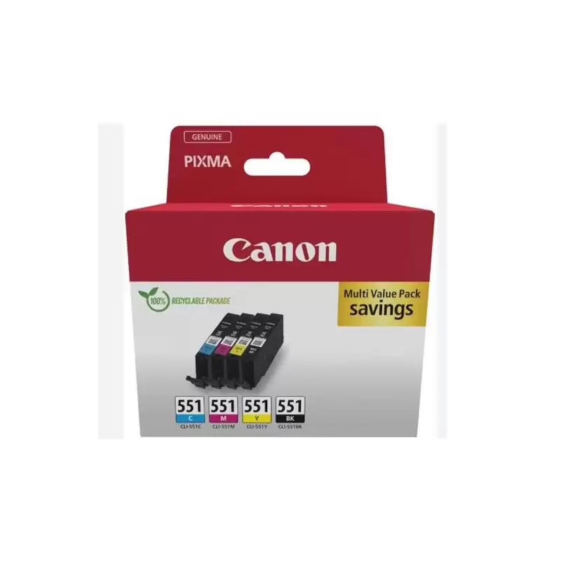 (6509B015) CANON TINTA ECOPACK BK+C/M/Y MAXIFY MG 5550/5650/6650/7550 - IP 8750 - IX 6850 - MX 725 - PIXUS MG 7550 - CLI 551