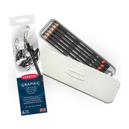 (700835) DERWENT LÁPICES DE GRAFITO GRAPHIC 6B A 2H + SACAPUNTAS CAJA METÁLICA 6 UD