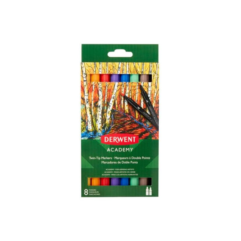 (98206) DERWENT ROTULADORES ACADEMY DOBLE PUNTA FINA/PINCEL COLORES SURTIDOS ESTUCHE 8 UD