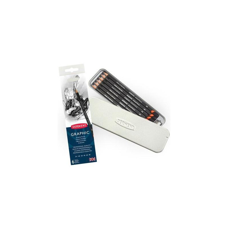 (700835) DERWENT LÁPICES DE GRAFITO GRAPHIC 6B A 2H + SACAPUNTAS CAJA METÁLICA 6 UD