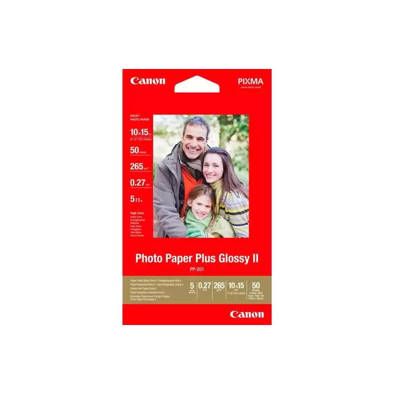 (2311B003) CANON PAPEL FOTOGRÁFICO PLUS GLOSSY II 10X15CM 265GR INKJET PP-201 DE 4X6" PAQUETE 50H BLANCO BRILLO