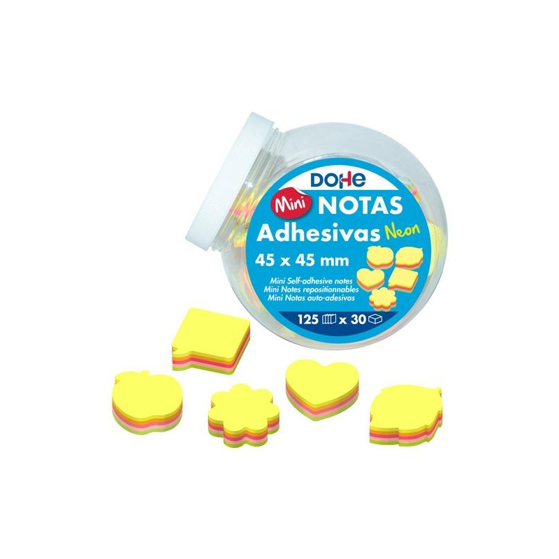 (75023) DOHE MINI NOTAS ADHESIVAS 45X45MM 125H DIVERSAS FORMAS COLORES SURTIDOS NEÓN EXPOSITOR 30 UD