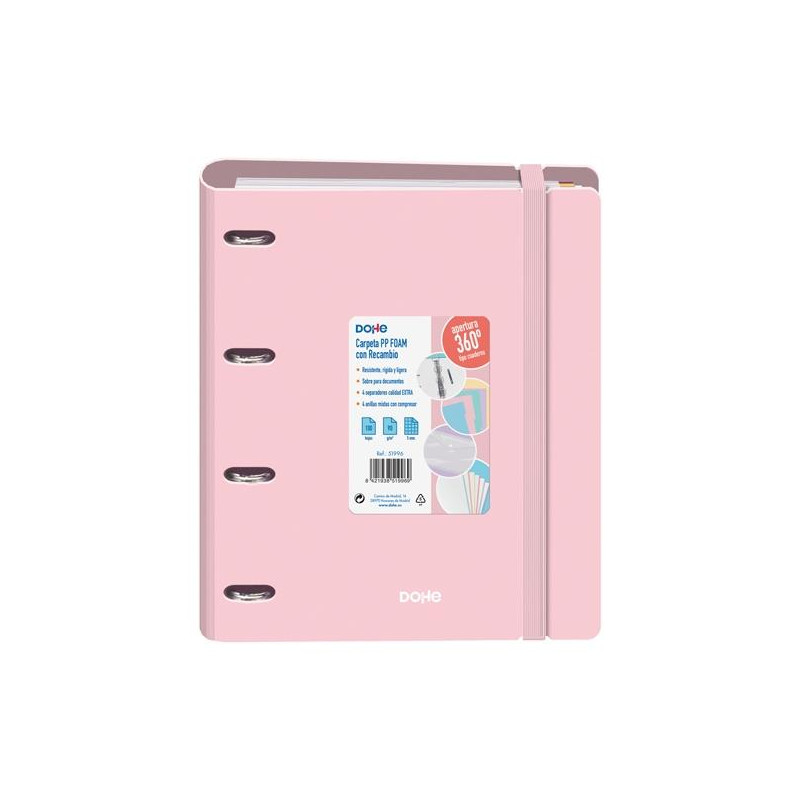 (51996) DOHE CARPETA ANILLAS MIXTAS 4X35MM RECAMBIO A4 100H 5X5MM 90GR 4 SEPARADORES POLYFOAM ROSA PASTEL