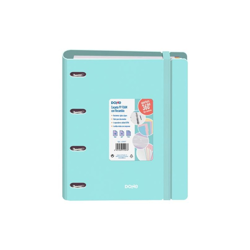 (51997) DOHE CARPETA ANILLAS MIXTAS 4X35MM RECAMBIO A4 100H 5X5MM 90GR 4 SEPARADORES POLYFOAM VERDE PASTEL