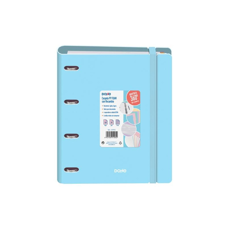 (51995) DOHE CARPETA ANILLAS MIXTAS 4X35MM RECAMBIO A4 100H 5X5MM 90GR 4 SEPARADORES POLYFOAM AZUL PASTEL