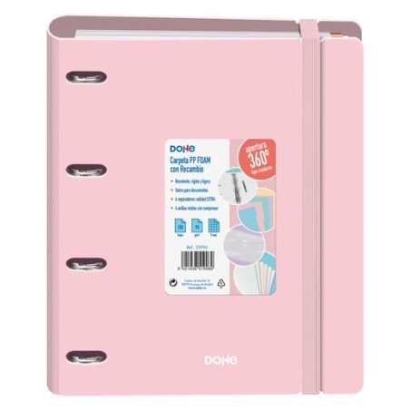 (51996) DOHE CARPETA ANILLAS MIXTAS 4X35MM RECAMBIO A4 100H 5X5MM 90GR 4 SEPARADORES POLYFOAM ROSA PASTEL