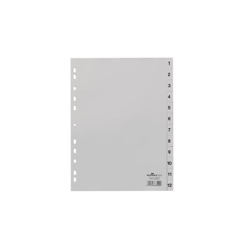 (651210) DURABLE ÍNDICES PP CON PESTAÑAS IMPRESAS DIVISIÓN NUMÉRICA 1-12 VERTICAL A4 GRIS