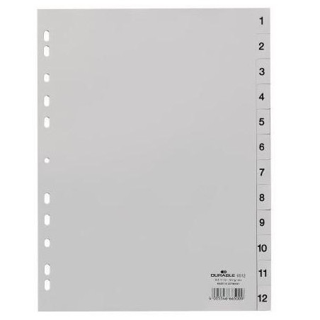 (651210) DURABLE ÍNDICES PP CON PESTAÑAS IMPRESAS DIVISIÓN NUMÉRICA 1-12 VERTICAL A4 GRIS