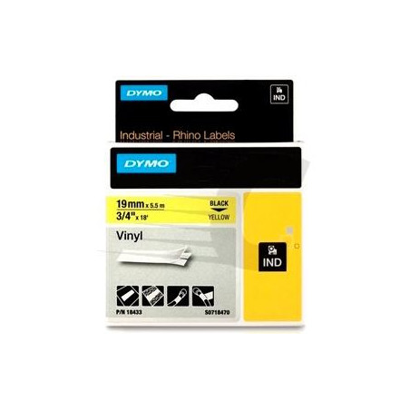 (18433) DYMO RHINO CINTA DE ETIQUETAS INDUSTRIAL ADHESIVA ID1-19 - NEGRO SOBRE AMARILLO - 19MMX5´5M NYLON FLEXIBLE (S0718470)
