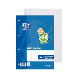 (400119437) OXFORD RECAMBIO 200H + 50H A4 SUELTAS 90GR 4X4MM C/MARGEN 4 TALADROS