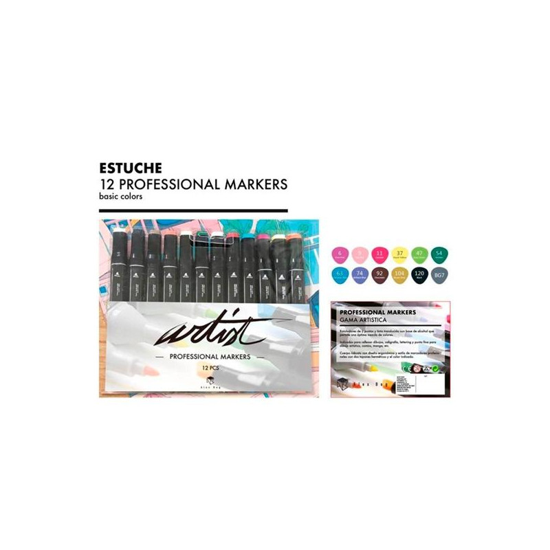 (AB-0712) ALEX BOG ROTULADORES GAMA ARTIST DOBLE PUNTA FINA/BISELADA C/SURTIDOS BÁSICOS ESTUCHE 12 UD